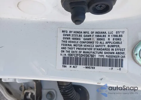 2017 Honda Civic Lx из США, поврежденный, VIN 19XFC2F53HE067601